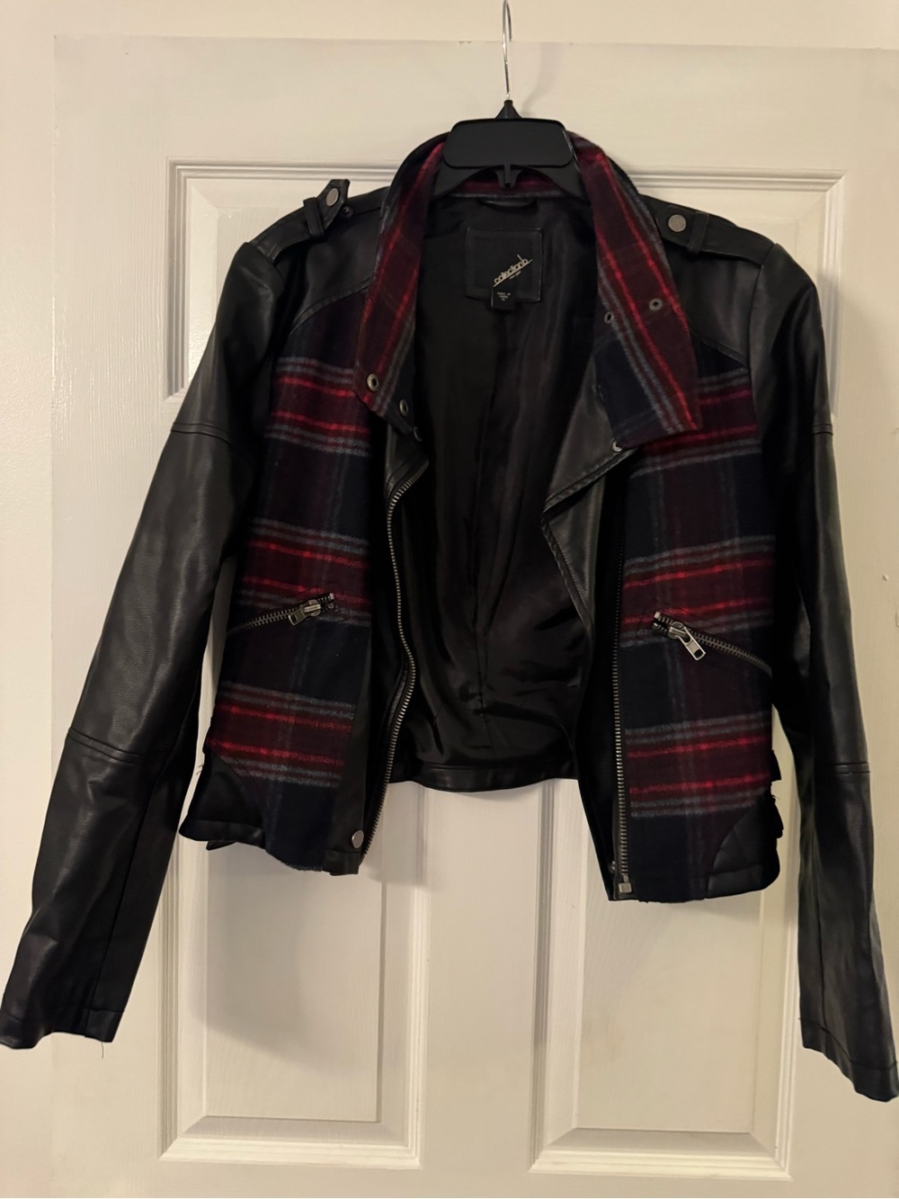 Black Leather Jacket with Red Plaid Panels - Women’s Statement Biker